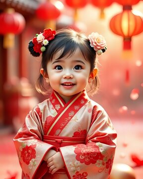image d'un portrait de petite fille devant un temple bouddhiste qui porte un kimono traditionnel et des fleurs dans ses cheveux
