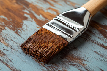 Fototapeta premium Paint brush with brown paint on old wood with chipped paint
