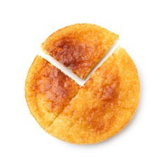 Tasty homemade semolina cake isolated on white, top view