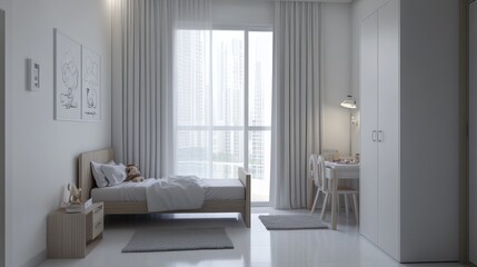 Minimalist child's bedroom with bed, desk, and city view.