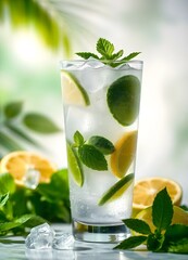 Fototapeta premium Mojito Drink - Fresh mint leaves, lime wedges, and crushed ice are visible, with droplets of condensation on the glass background