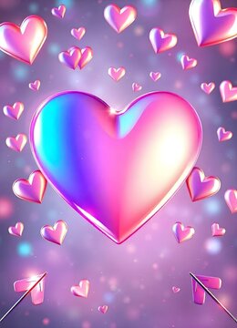 Happy Valentines- Background with iridescent hearts and metallic arrows,each corner features a soft, light-reflective fade
