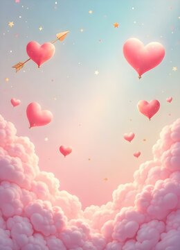 Happy Valentines- floating hearts and elegant golden arrows, surrounded by clouds and sparkling stars background