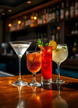 Coctails -  A sophisticated bar Four classic cocktails Martini, Old Fashioned, Mojito, and Margarita