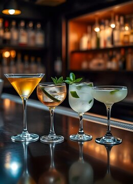 Coctails -  A sophisticated bar setting with a polished wooden counter and soft, ambient lighting. Four classic cocktails