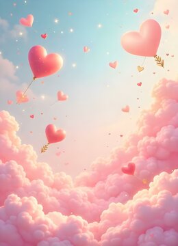 Happy Valentines- floating hearts and elegant golden arrows, surrounded by clouds and sparkling stars background