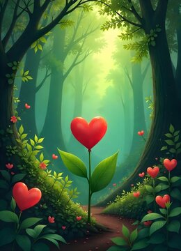 Valentines Day  - Nature-Inspired Love A lush, forest-inspired background with deep greens and soft red hearts