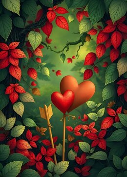 Valentines Day - Nature-Inspired Love A lush, forest-inspired background with deep greens and soft reds background