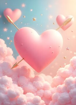 Valentines Day - floating hearts and elegant golden arrows, surrounded by clouds and sparkling stars background