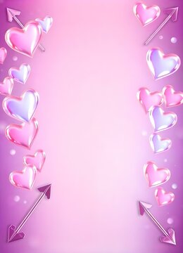 Valentines Day - shimmering background with iridescent hearts that change color from pink to blue, and metallic arrows