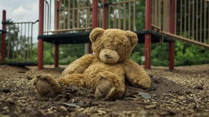 Teddy bear sitting on playground ground surrounded by sand and wood chips in outdoors, nostalgic childhood concept