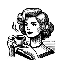 retro woman drinking coffee engraving black and white outline