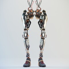 Futuristic design of robotic legs showcasing advanced technology with intricate mechanical parts and cables on a neutral background © Vladislav Ociacia