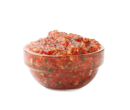 Delicious homemade red salsa isolated on white