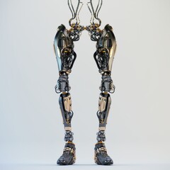 Futuristic robotic legs with intricate mechanical design and advanced technology standing upright on a neutral background showcasing innovation © Vladislav Ociacia