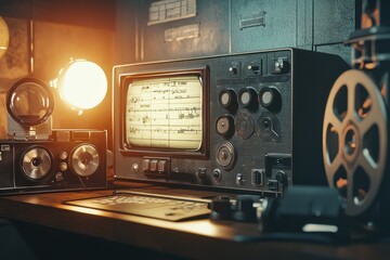 Retro Film Studio Setup on Vintage Wooden Desk with Classic Camera, Film Reels, and Moody Lighting for Nostalgic Atmosphere and Creative Vibes