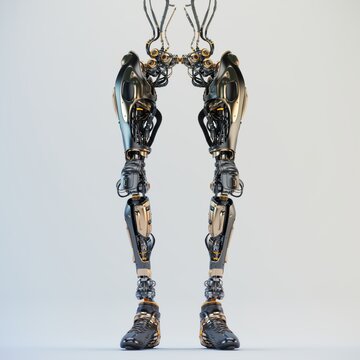 Futuristic robotic legs with intricate mechanical design and advanced technology standing upright on a neutral background showcasing innovation