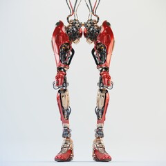 Futuristic robotic exoskeleton legs with intricate mechanical details and red accents against a white background showcasing advanced technology and design
