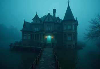 Obraz premium A mysterious fog shrouded mansion stands on a lake its illuminated entrance beckoning.
