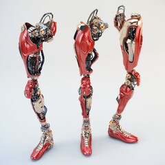 Futuristic red and metallic robotic prosthetic legs with intricate details and advanced technology displayed in three different angles