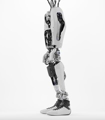 Futuristic robot leg design with intricate mechanical details and advanced technology, featuring white exterior and sleek black shoes on display