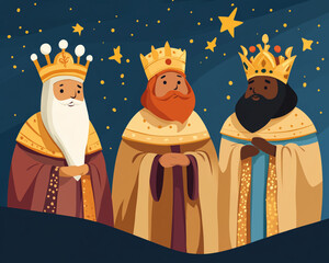 Cute children's illustration of the Three Wise Men at night with stars.