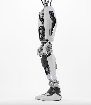 Futuristic robot leg design with intricate mechanical details and advanced technology, featuring white exterior and sleek black shoes on display