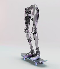 Futuristic robotic legs with metallic design standing on a skateboard with glowing wheels in a modern minimalistic setting