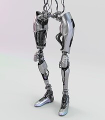 Futuristic humanoid robotic legs with intricate mechanical details and advanced technology design on display in a minimalist setting for innovation showcase