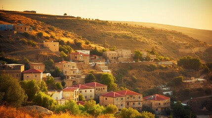 Scenic view of a hillside village bathed in golden sunlight during sunset.