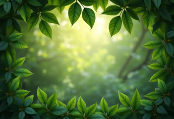 Obraz premium Lush green leaves frame a sunlit forest background creating a serene and natural scene.