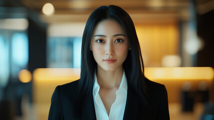 Naklejka premium モダンなオフィスで自信に満ちた日本人女性のポートレート