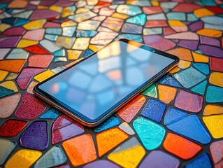 Modern Phone on Vibrant Mosaic Tile, Minimalistic Design