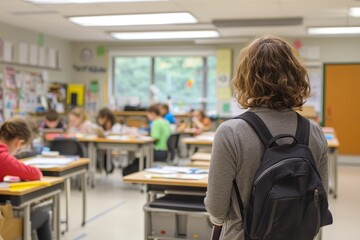 Obraz premium Student with backpack in busy classroom.