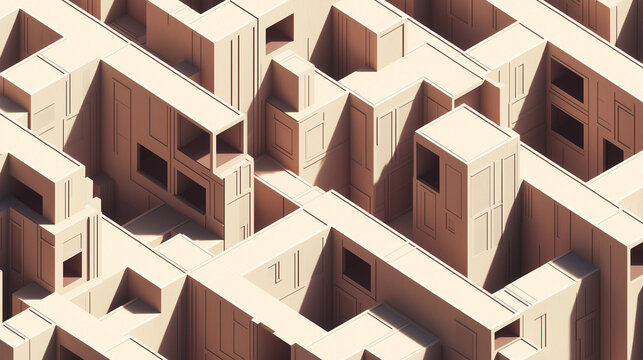 Isometric view of a complex, beige cubic structure resembling a maze. Multiple interconnected rooms and pathways create a labyrinthine effect. Shadows highlight the depth and complexity