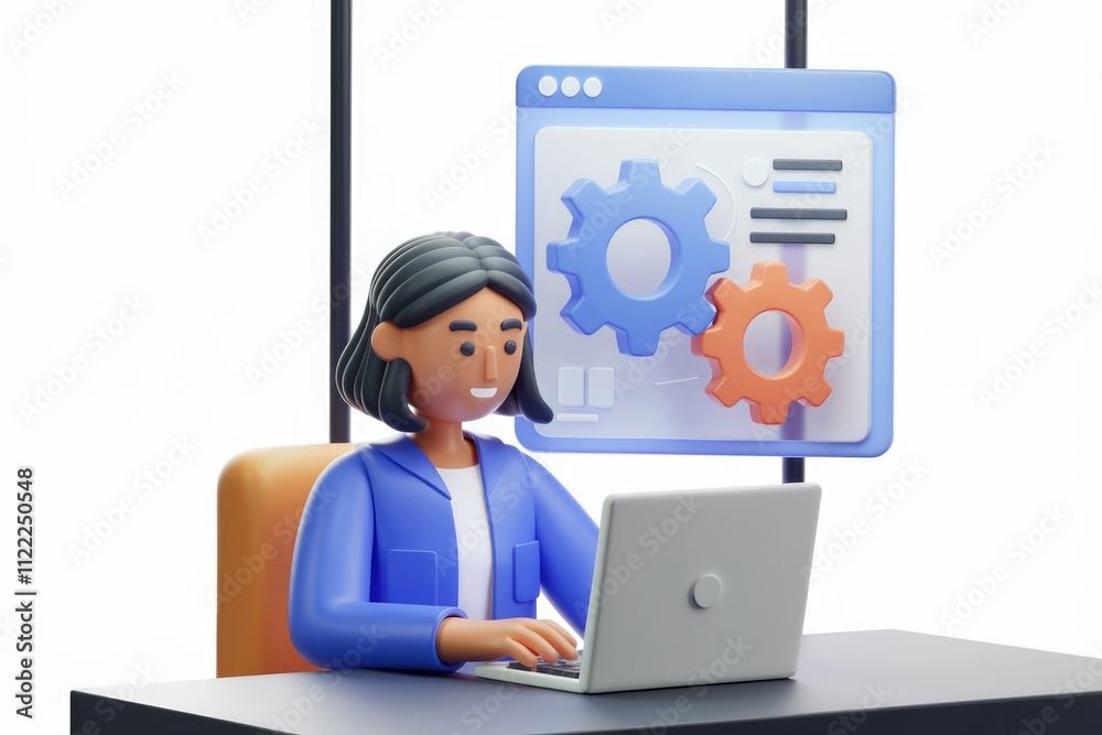 Poster A 3D cartoon woman works on a laptop with a digital interface showing gears, symbolizing software development or problem-solving.