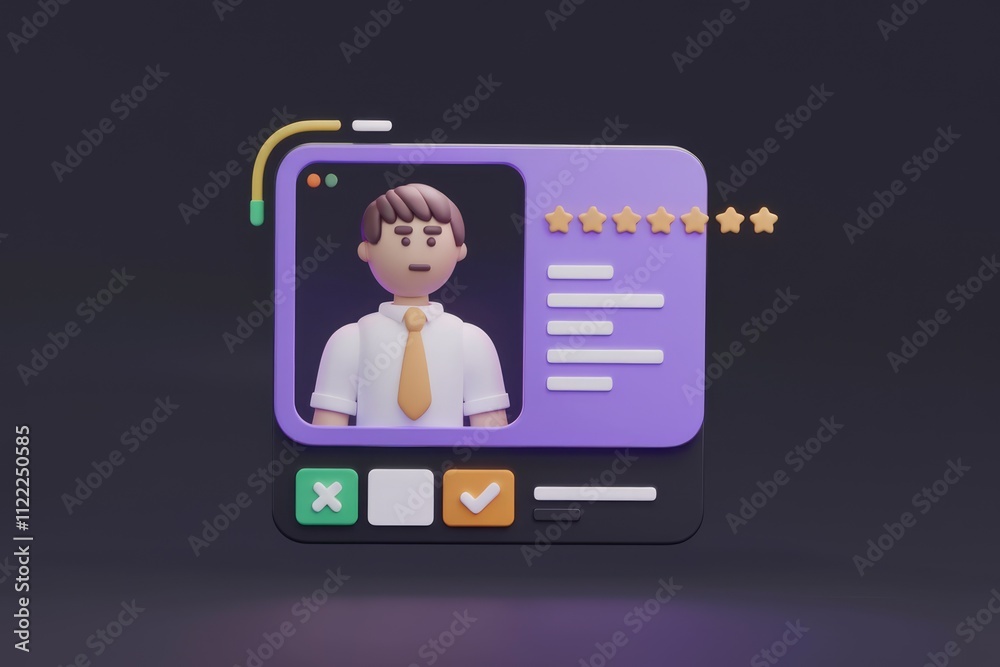 Poster 3D rendered illustration of a user profile with a rating and approval options.