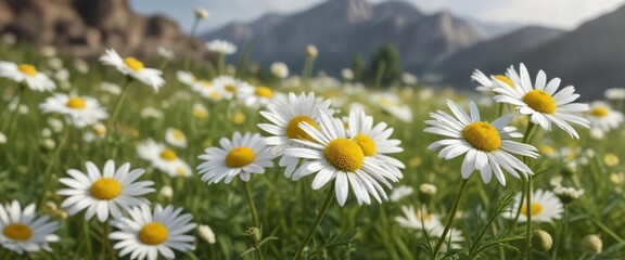Fototapeta premium lush chamomile flowers swaying in the gentle summer breeze, blooming flowers, fields of flowers, wildflowers