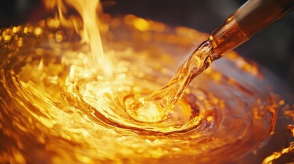 A close-up of molten liquid swirling, resembling honey or syrup in motion.