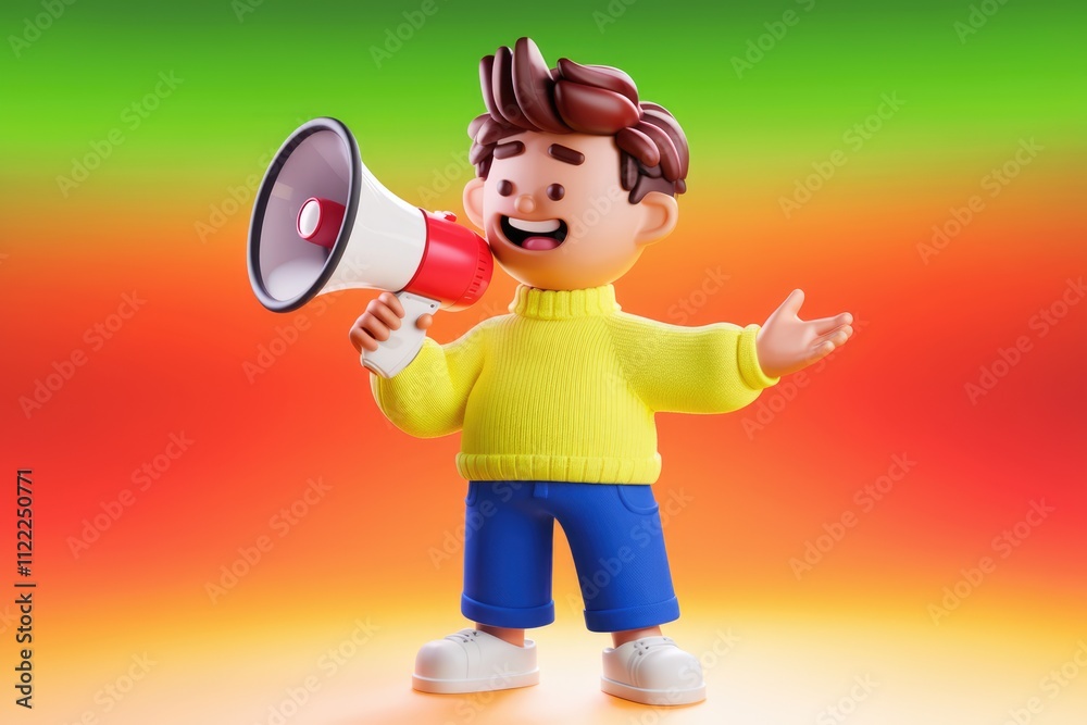 Poster a cheerful 3d cartoon boy announces a message using a megaphone.