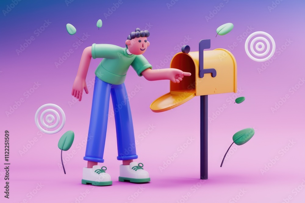 Poster A 3D cartoon character points towards an open mailbox, suggesting sending or receiving mail.