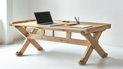Fototapeta premium Modern Wooden Desk with Laptop and Stationery in Bright Office Space