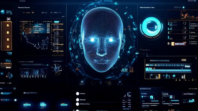 Human face with digital biometric data on computer screen, facial recognition AI technology. Concept of hud, ui, identification. 