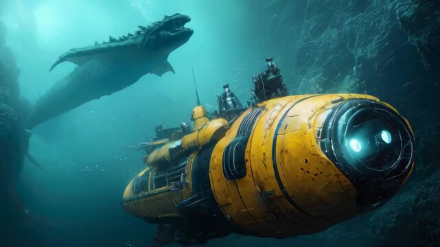 Scary sea monster and research bathyscaphe underwater in deep sea, marine predator hunts in ocean. Concept of submarine, horror, depth, vehicle. 