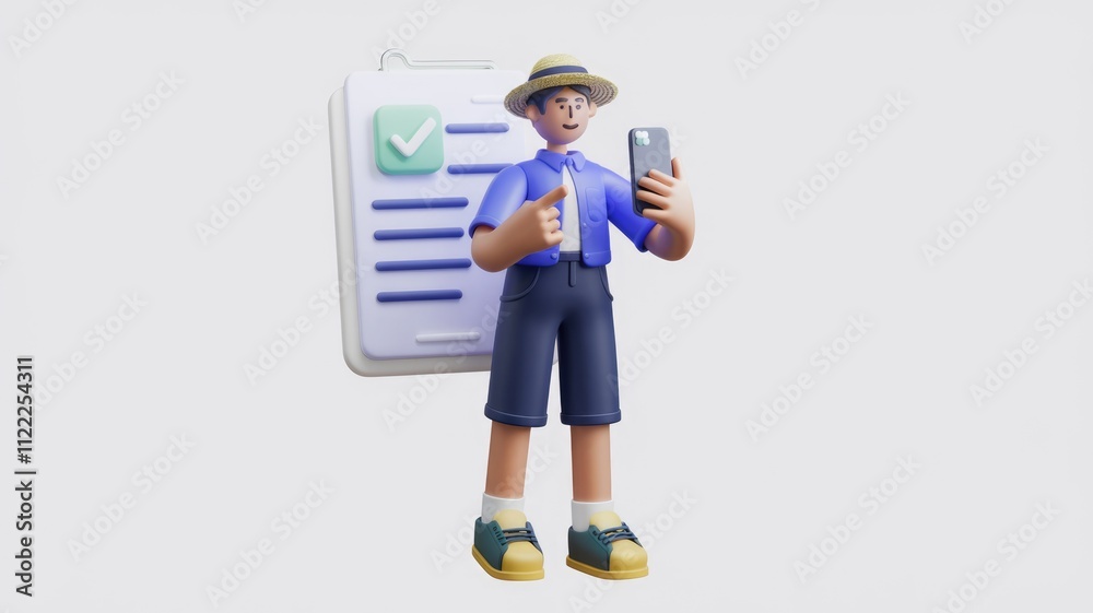 Poster 3d cartoon character checks a checklist on his smartphone.