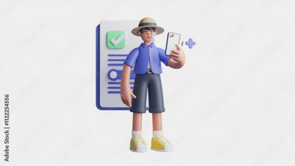 Poster 3d illustration of a person completing a checklist on their phone.