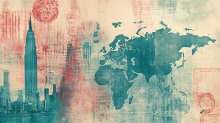 Fototapeta premium Colorful world map overlay with iconic city landmarks in a creative design reflecting global influences