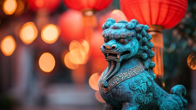Festive Teal Foo Dog Statue Chinese Lantern Background Asian Culture