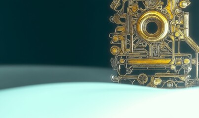 Abstract gold machinery on teal, hazy background.