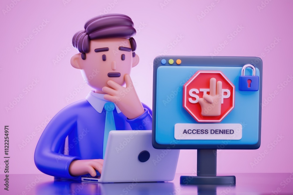 Poster A 3D cartoon businessman encounters an 'Access Denied' message on his computer screen, looking puzzled.